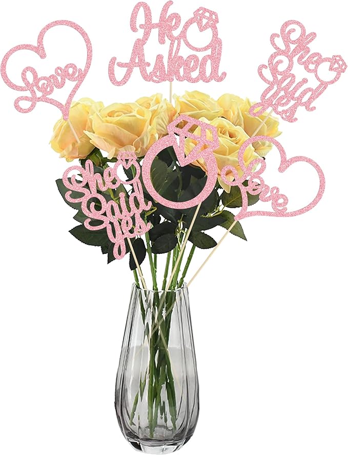 Gyufise 12Pcs Engagement Centerpiece Sticks Double Sided He Asked She Said Yes Diamond Ring Heart Table Centerpiece Sticks for Wedding Bridal Shower Party Supplies Pink