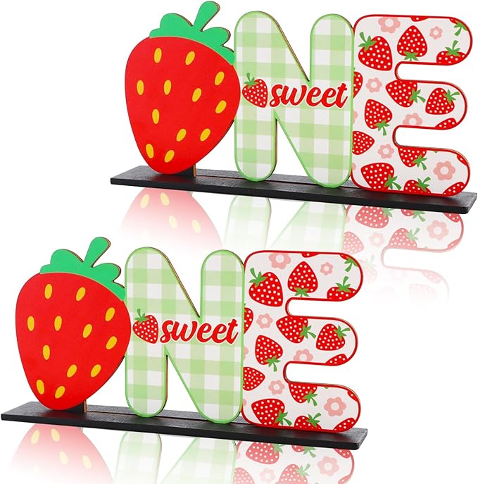 Strawberry Sweet ONE Letter Sign Table Centerpieces for My Baby Girl Berry First Birthday Decor,Birthday Decorations for One Year Old Party Supplies(2 Set)