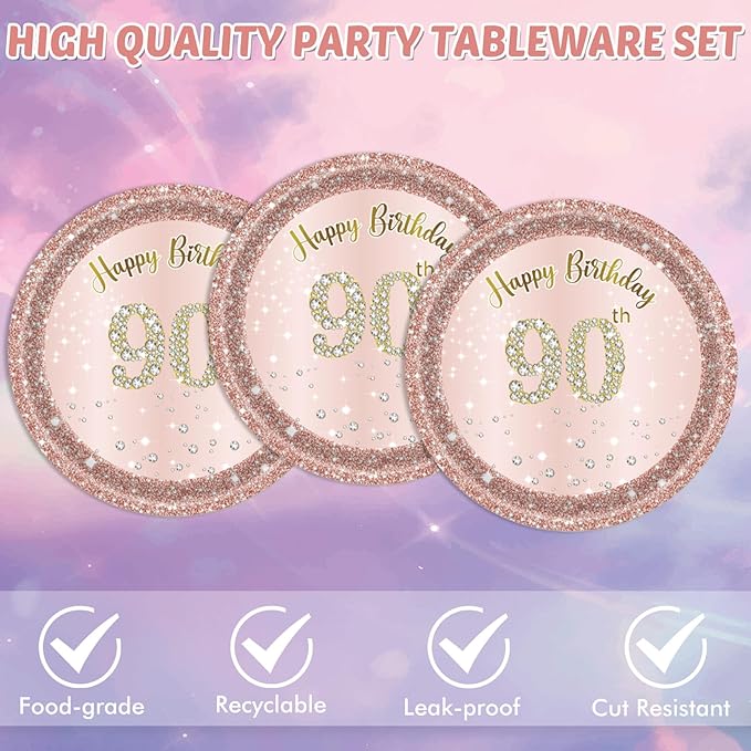 40PCS 90th Birthday Decorations for Women Rose Gold 1936 90 Year Old Theme Birthday Party Tableware Kit 90th Birthday Plates and Napkins Set for Women,Disposable 7'' Paper Plates, Napkins