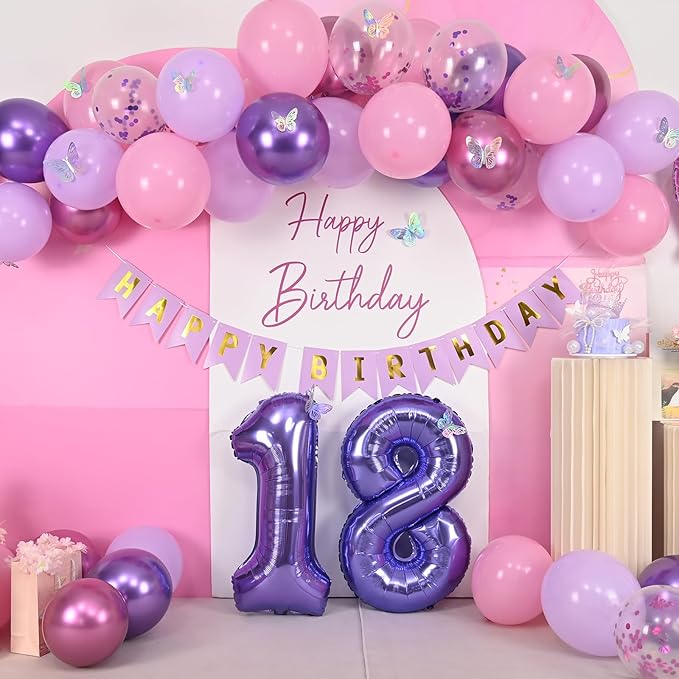 18th Purple Birthday Decorations,Pink Purple 18th Birthday Decorations for Girls Lavender Party Decor Set with Number Foil Balloons Cake Topper Butterfly Stickers for Girls 18th Party Decorations