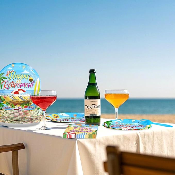 Grencian 96Pcs Tropical Retirement Party Decorations Hawaiian Aloha Retirement Plates and Napkins Disposable Hawaiian Luau Paper Tableware Set for Summer Beach Theme Party Supplies, Serves 24