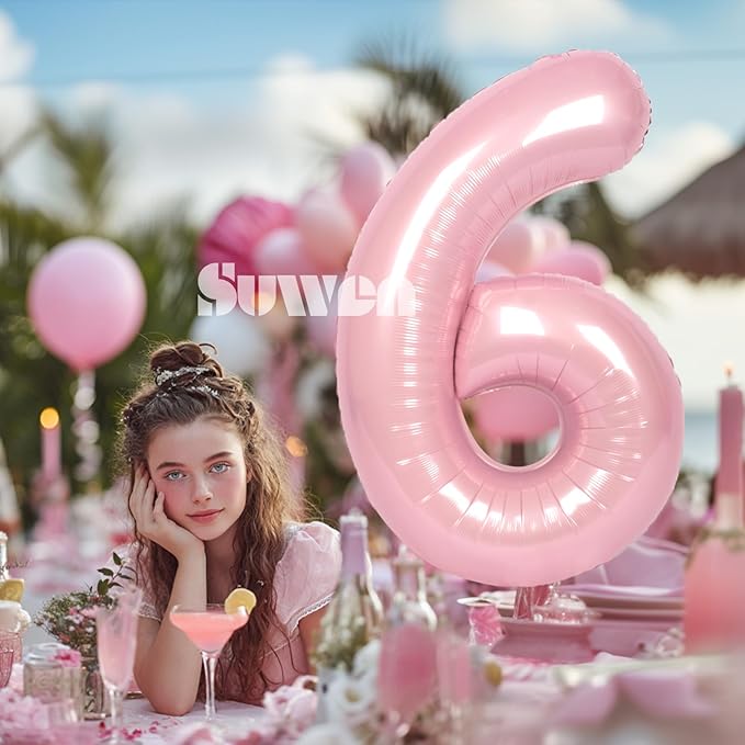 SUWEN 40 Inch Pink Large 6 Number Balloons Big Foil Helium Number Balloons 0-9 Jumbo Happy 6th Mylar Birthday Party Decorations for Girl Anniversary Party Supplies