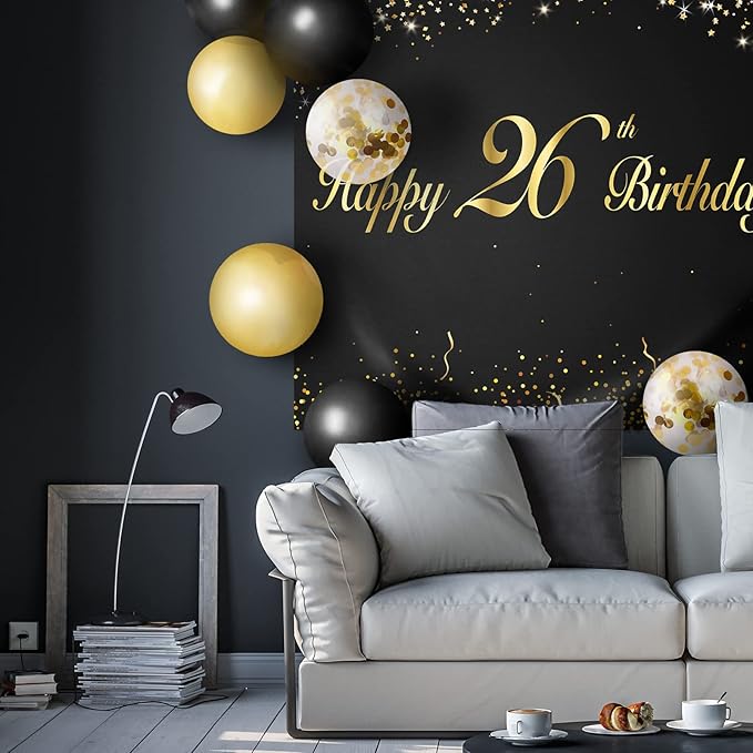 Happy 26th Birthday Balloons Black Set Decor - Cheers to 26 Years Old Party Theme Garland Banner Backdrop Decorations For Women and Men Supplies