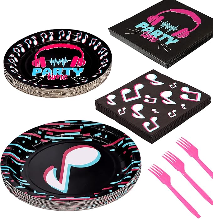 DYLIVeS 96 Pcs Music Party Supplies, Music Theme Birthday Party Decorations Disposable Tableware Packs Music Note Party Supplies for Girls - 9'' and 7'' Plates and Napkins, Forks (Serves 24)