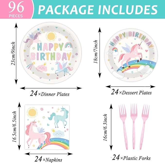 96Pcs Pastel Unicorn Party Supplies Unicorn Paper Plates Napkins Pastel Birthday Tableware Set Rainbow Dinnerware for Girl Birthday Party Decoration Serve 24