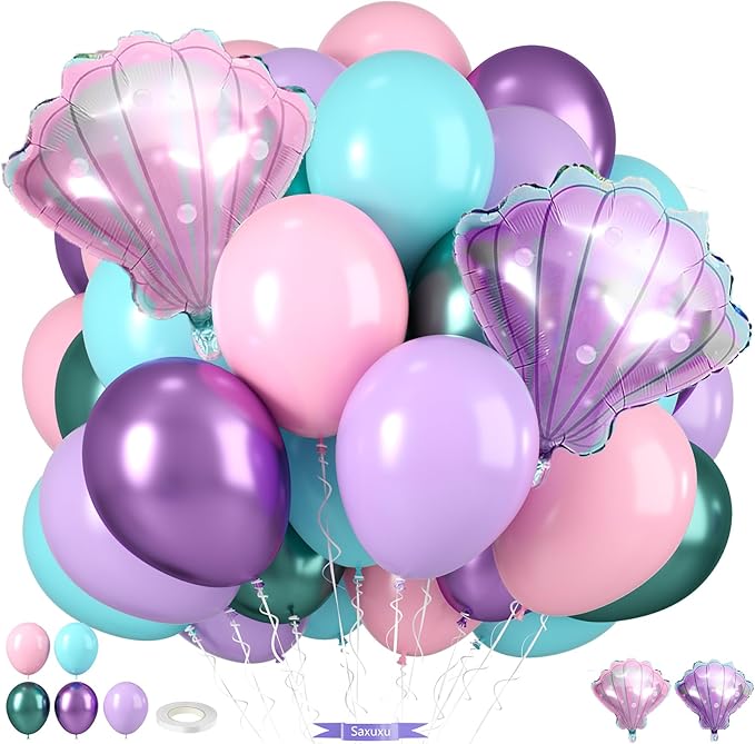 Mermaid Balloons, Macaron Pink Purple Green Metallic Balloons with Seashell Balloon for Girl Birthday Party Decorations Sea Theme Baby Shower Party Backdrop Supplies