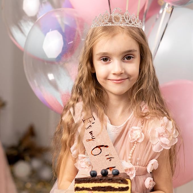 CIEHER 6th Birthday Set: Crown, Sash & Pearl Pin - It's My 6th Birthday Decorations & Gifts