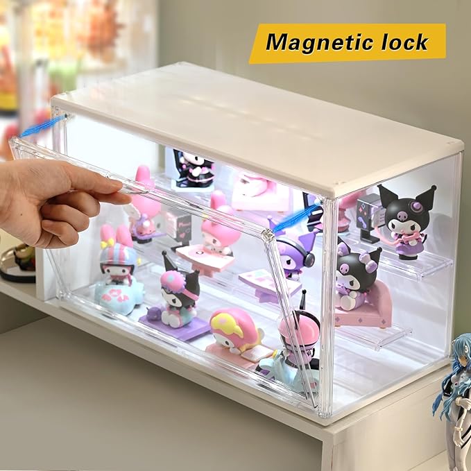 Acrylic Display Case with Light, Clear Showcase with Adjustable Shelf Risers, Stackable Storage Bins for Collectibles, Action Figure, Popmart (L-3 Pack)