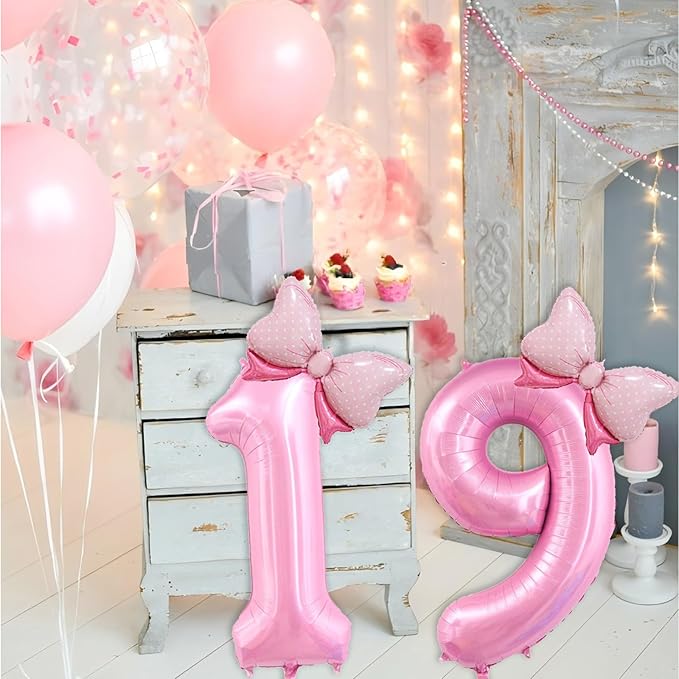 40 inch Number 19 Balloon with Bow Pink Happy Birthday Jumbo Number Balloons for Girls Daughter Birthday Decorations Party Supplies (Pink Number 19)