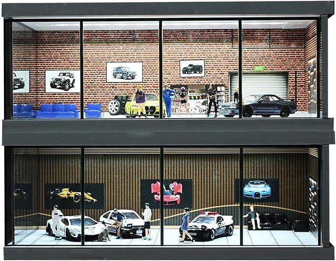 1/64 Diorama Garage Model, LED Lighting City Showroom, 1/64 Scale Diecast Car Parking Lot Storage, Scene Display Case Collection Gift (Red Brick)