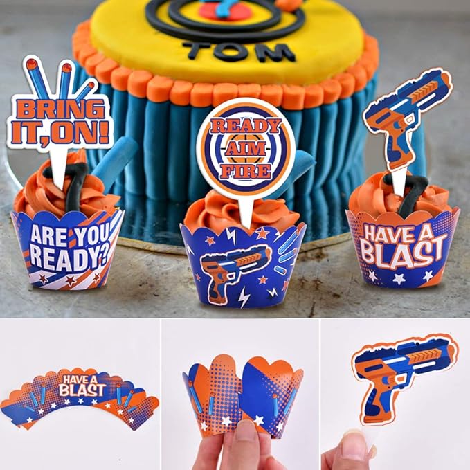 Dart War Party Cupcake Toppers Wrappers Kids Birthday Gun Picks Target Bullet Dart War Party Supplies Decoration -48 Piece