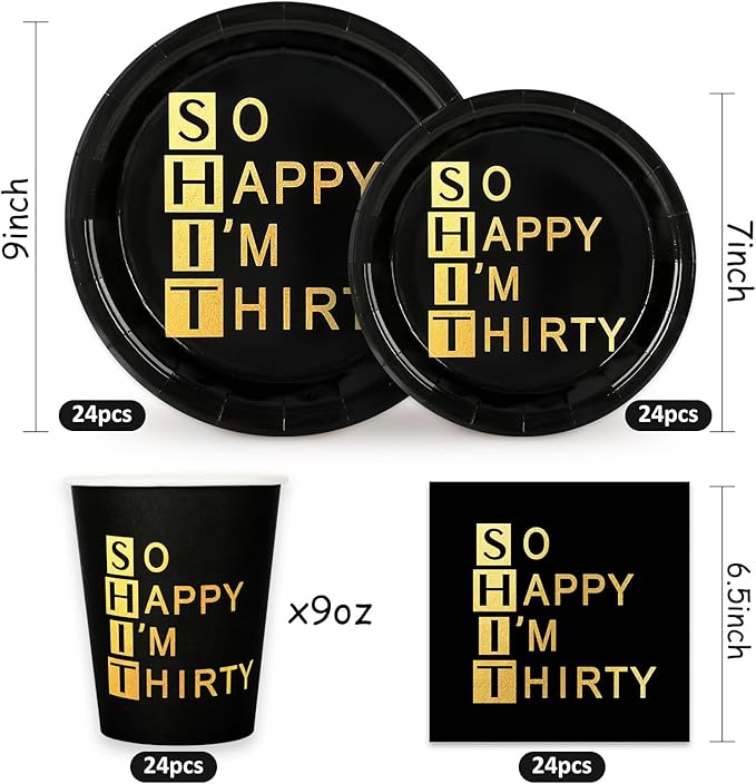 Whaline 96Pcs 30th Birthday Party Supplies Kit Black Gold Paper Tableware Plate Napkin Cup So Happy I'm Thirty Disposable Dinnerware Set for 24 Guests Party Table Decor