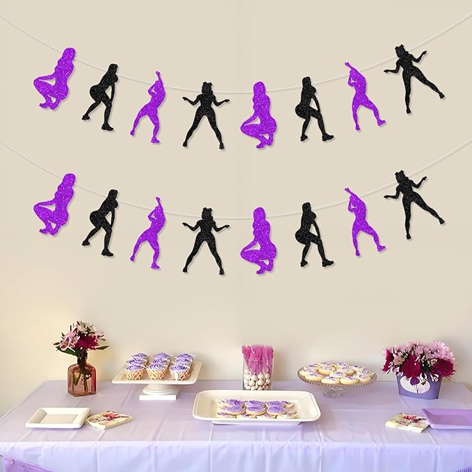 Cheereveal 2 Pack Twerk Garlands Purple and Black for Girls Woman, Pole Dance Glitter Banner Decorations, Funny Stripper Theme Bachelorette Birthday Bridal Shower Engagement Party Supplies
