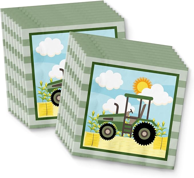 Green Farm Tractor Time Birthday Party Supplies Set Plates Napkins Cups Kit for 16