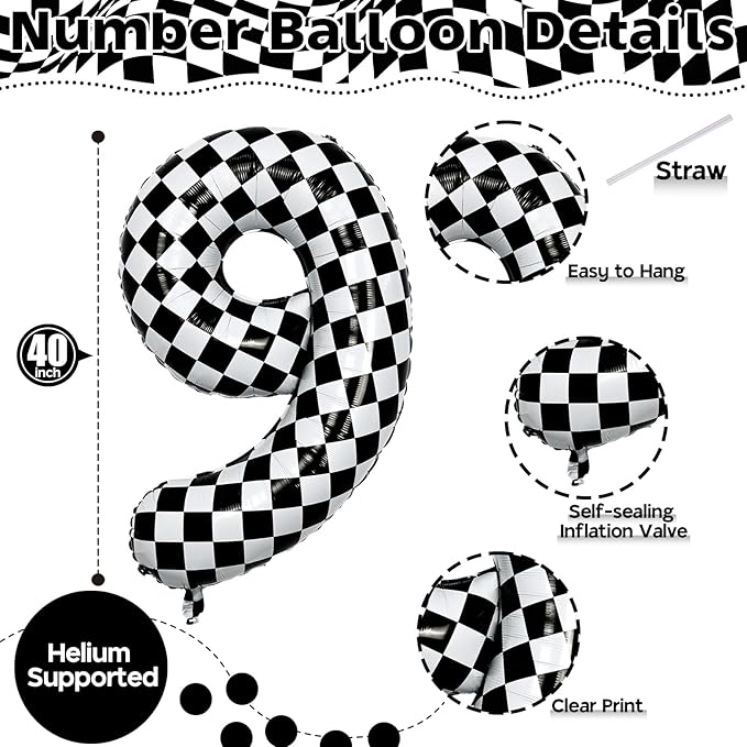 40 Inch Number 9 Balloons for Boys, Checkered Big 9th Birthday Balloons Decor, Helium Black and White Self Checkered Inflating Foil 9 Racing Balloons for Boys Race Car Flag Party Decoration Supplies