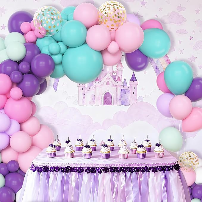 Amandir 153 Pcs Pink Purple Balloons Arch Garland Kit, Different Sizes 18 12 10 5 inch Purple Blue Pink Gold Confetti Pastel Balloon for Wedding Shower Princess Birthday Party Decorations Supplies
