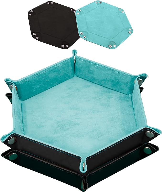 SIQUK 2 Pieces Dice Tray PU Leather Dice Folding Hexagon Tray Dice Holder for Dice Games Like RPG, DND and Other Table Games (Light Blue, Black)