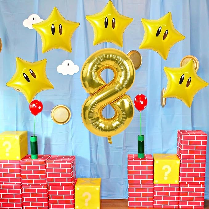 16PCS Foil Star Balloons, 40Inch Number 8 and Star Foil Balloons For Game Theme 8th Birthday Party Decorations Children Party Supply Party Decor （8th）
