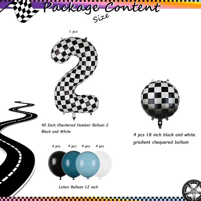 Race Car Balloon Bundle Blue Black 40 Inch Checkered Number Balloon 2 Black and White Race Car Latex Balloon Boy Two Fast Race Car 2nd Birthday Race Car Theme Party Decor Supplies 21 Pcs Kit