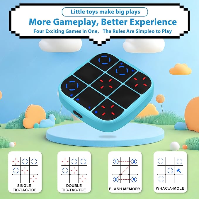Rechargeable Tic-Tac-Toe Bolt Game, Upgraded 4-in-1 Handheld Puzzle Console, Electronic Educational Memory Game, Portable Travel Car Ride Board Games for Kids Adults (Blue)