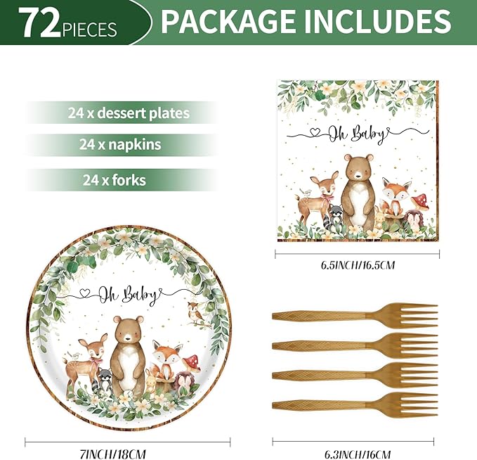 72PCS Woodland Baby Shower Plates and Napkins, Forest Animal Paper Plates and Napkins with Forks Disposable Tableware Set for Boys Girls Safari Jungle Animal Birthday Party Decorations