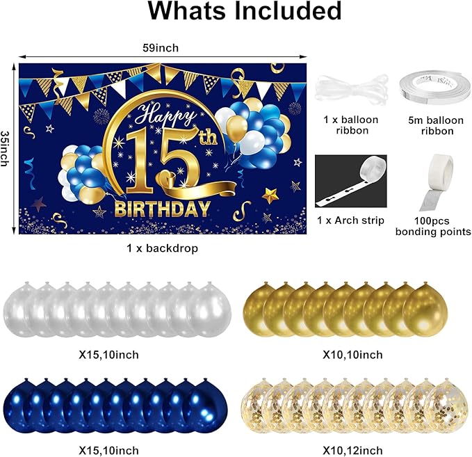 Blue Gold 15th Birthday Banner with Confetti Balloon Arch, Happy Fifteen Banner Balloons Set Party Supplies for Boys, 15 Year Old Birthday Poster
