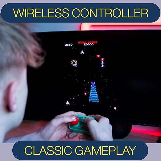 Galaga Plug & Play Arcade Console with TV Stick & Wireless Joystick – Classic Galaga Game On Your TV, Nostalgic Retro Gaming, Easy Setup, Ideal Gift for Gamers & Collectors.
