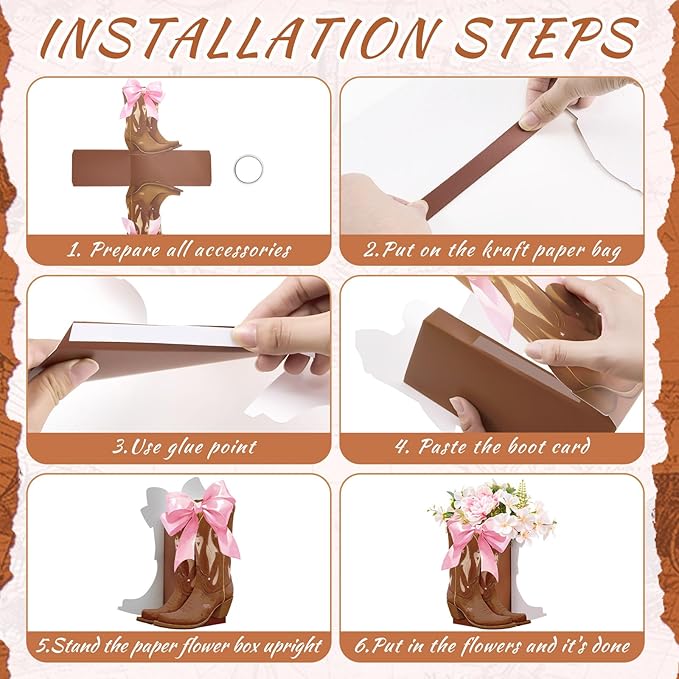 12 Set Brown Western Cowboy Bow Boots Flower Boxes Centerpiece Boot Shape Gift Boxes Western Party Decoration Vase Centerpiece for Table Boots for Rodeo Birthday Baby Shower Wedding Supplies