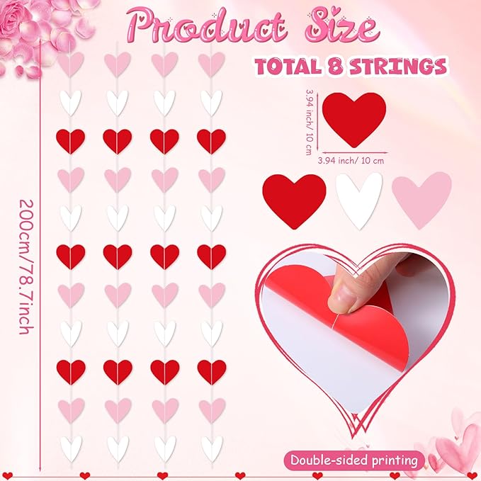 Capoda 8 Pcs Valentine's Day Garland Decorations Red Pink White Heart Garland Banners Solid Outlined Romantic Hearts Hanging Banners for Sweet Day Birthday Wedding Anniversary Party Supplies