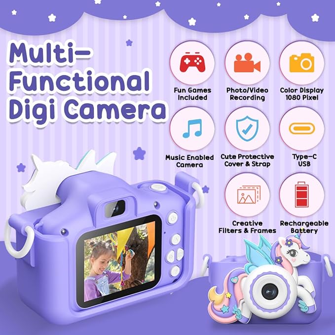 Wembley Kids Camera for Boys & Girls 3–8 Years | Digital Camera for Kids 1080P Selfie Video | Toddler Unicorn Camera Rechargeable with Games | 32GB Card | Silicone Cover | Birthday Gift - Purple