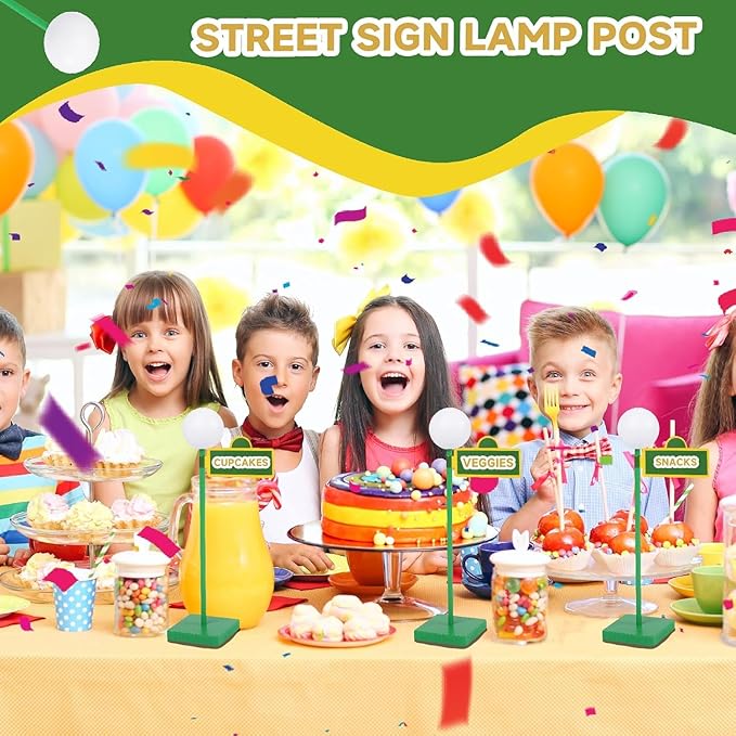 8'' Wooden Street Lamp Post Centerpieces 6 Pack with 24 Road Sign Stickers, 3D Ball Top Street Sign Decorations for City Road Theme Party, Birthday Party Table Centerpieces, Street Party Supplies