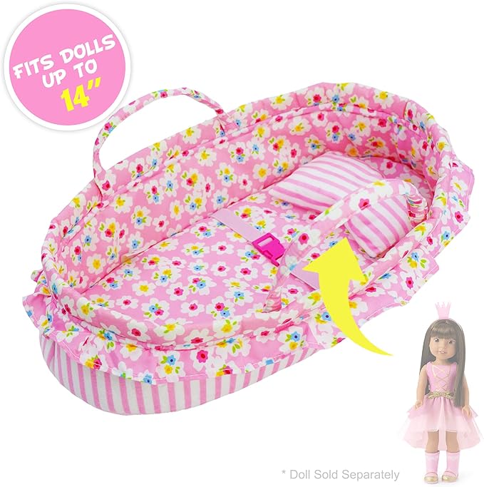 June Garden Cozy Dream Doll Bassinet - Baby Doll Portable Carrier - Fits for American Girl Dolls up to 14" - Soft Pillow & Safety Buckle Included