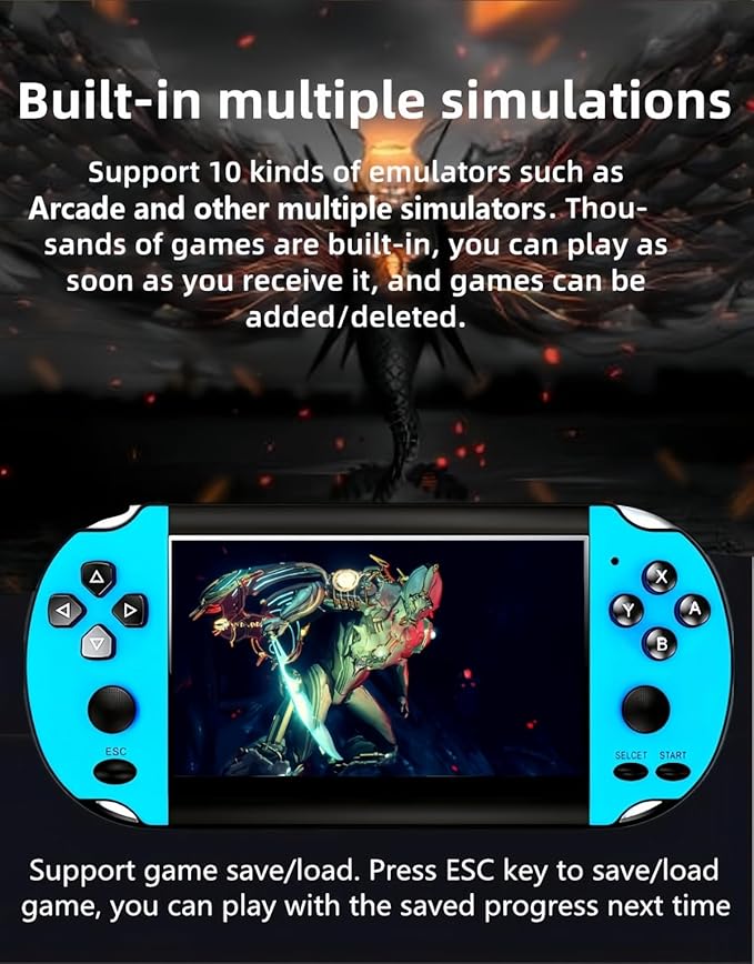 MP4 Video Game Console 4.3 inch Dual Joystick Built-in 3000 Retro Games Support Arcade CPS/gba/gbc/gb/SFC/fc Video/Music/E-Book AV Out Rechargeable Lithium Battery Children's Gift(Blue)