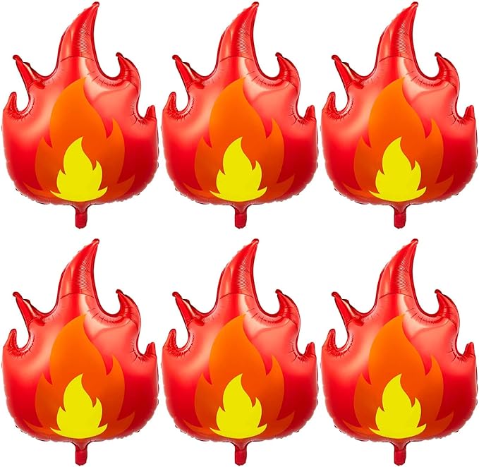 6 Pcs Fire Truck Birthday Party Supplies 32 Inch Fire Flame Balloons Large Firefighter Aluminum Foil Decorations Curve Foil Party Favors Fireman Theme Balloons, Yellow Red