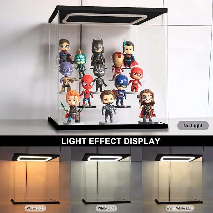 Clear Acrylic Display Case with Light 5 Tier Display Storage Box Assembly Dustproof Showcase for Collectibles Action Figures(Black, 12.0*10.8*12.5inch)