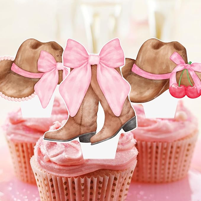 Cowgirl Boots and Hat Pink Bow Cupcake Toppers Coquette Cowgirl Cake Decorations 48PCS Boots and Hats Cupcake Picks Western Cowgirl Birthday Decorations for Girls Wild West Rodeo Party Supplies