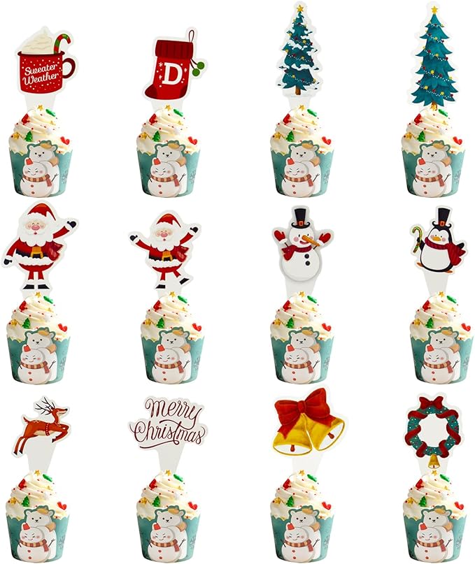 Christmas Cupcake Toppers 24PCS Wrappers Cake Decorations Snowflake Christmas Cake Liner Cake Picks For Birthday Anniversary Wedding Engagement Party Decorations