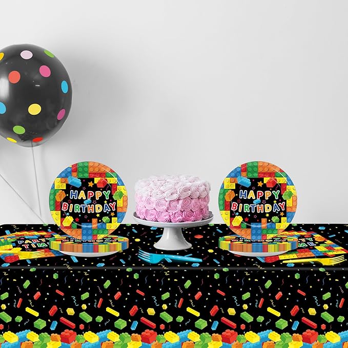 gisgfim Building Blocks Birthday Party Supplies Paper Plates Napkins Colorful Building Block Party Tableware Set for Boys Kids Birthday Decorations Includes Plates, Napkins, Tablecloths Serves 20