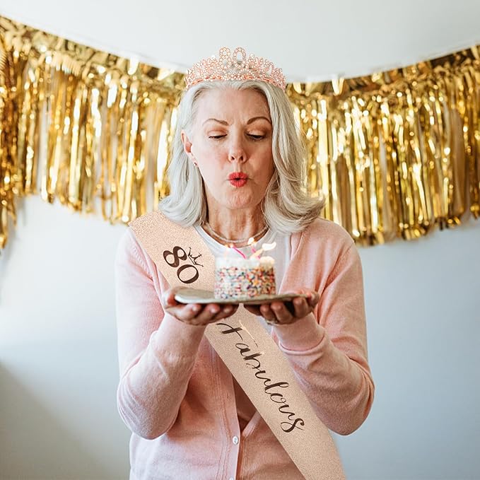 Semato 80th Birthday Decorations for Women- Birthday Crown and Sash Glitter Kit Gifts for Women Party Supplies and Favors (80th)