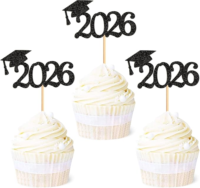 24Pcs graduation cupcake toppers 2026, Food/Appetizer Picks For Graduation Party Mini Cake Decorations, 2026 Cupcake Toppers(Black)