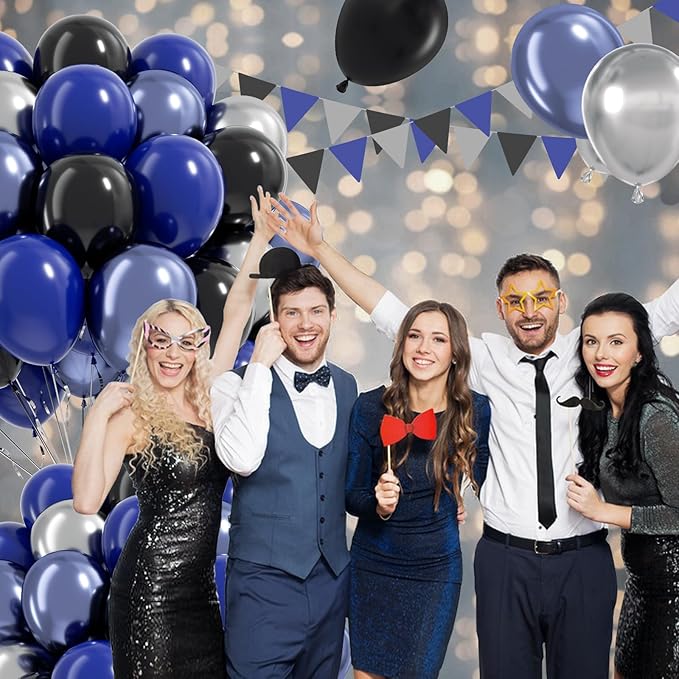Blue and Black Balloons, 60pcs 12inch Blue Black Metallic Silver Balloons for Graduation New Year Birthday Party Decorations