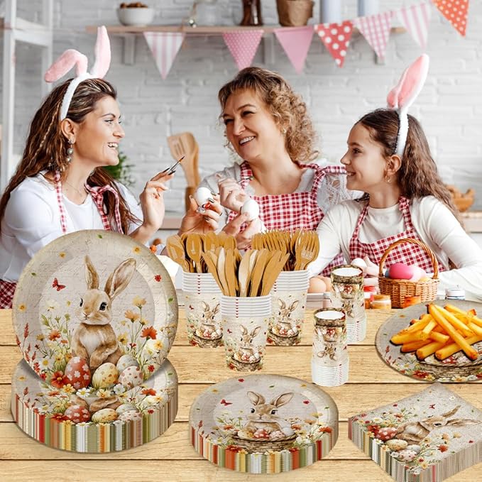 140Pcs Easter Day Party Supplies Vintage Rabbit Plates and Napkins Easter Party Decorations Tableware Set Bunny Easter Egg Paper Plates Birthday Tea Party Bunny Plates, Serves 20 Guests