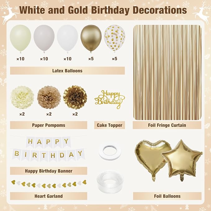White and Gold Birthday Decorations for Women, Happy Birthday Party Decorations, Happy Birthday Banner, Gold White Sand Ivory Balloons, Tissue Paper Pompoms, Heart Garland, Party Decor for Girls