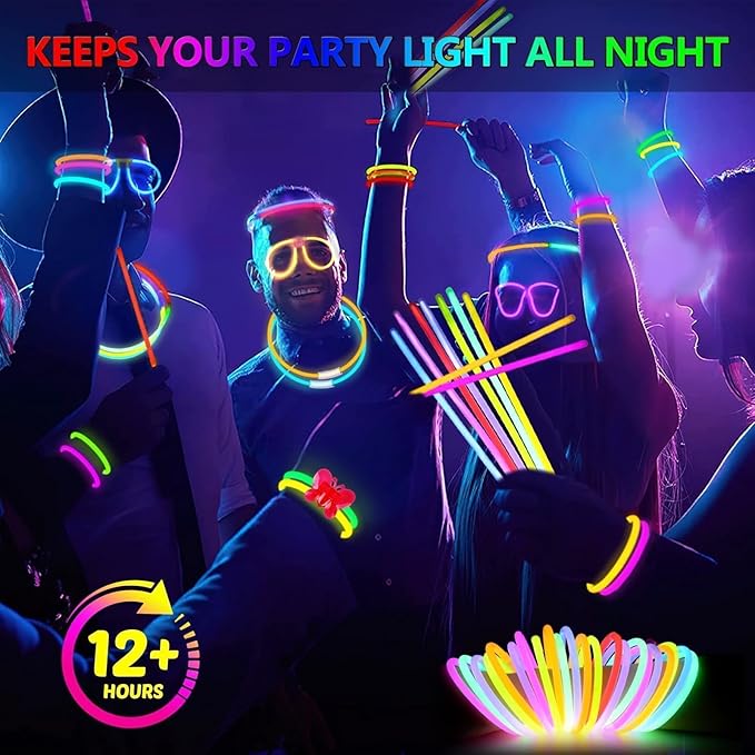 BUDI 467Pcs Glow Sticks Party Favors for Kids Adults Glow in the Dark Party Supplies 4th of July Accessories Neon Decors 200 GlowSticks Bulk 8 Colors 8 Inch & 267 Connectors Necklace Bracelet Glasses