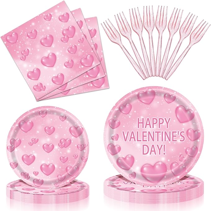 96 Pieces Valentine’s Day Tableware Set – Pink Heart Disposable Plates and Napkins for Romantic Dinners, Weddings, Anniversaries, and Valentine Parties – Serves 24 Guests