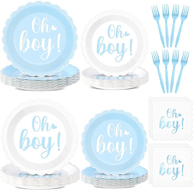 96PCS Oh Boy Baby Shower Decorations Blue Foil Scalloped Paper Plates Napkins Oh Boy Tableware Party Supplies Blue Baby Shower Dinnerware for Gender Reveal Birthday Welcome Party Favors