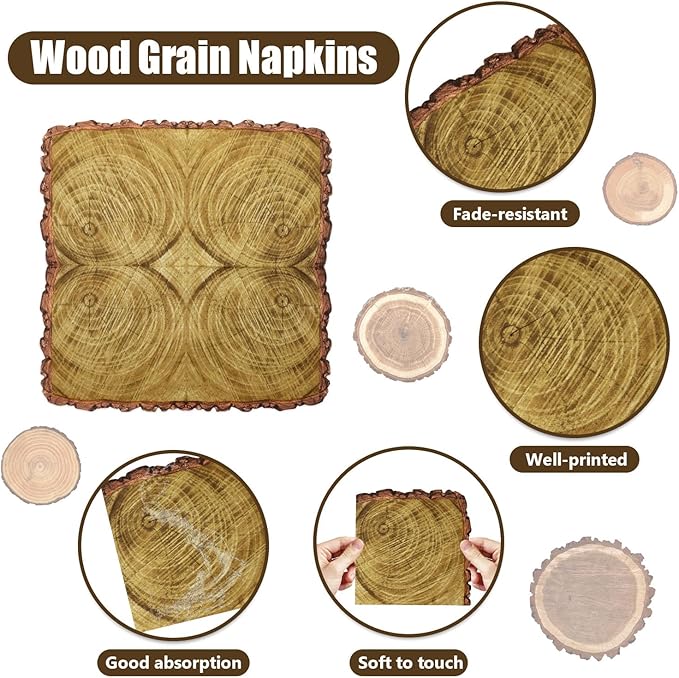 100Pcs Wood Grain Napkins, Disposable Wood Paper Napkins, Brown Birthday Decorations Napkins for for Lumberjack Rustic Party Decorations Woodland Decorations Camping Supplies, 13 x 13 Inches