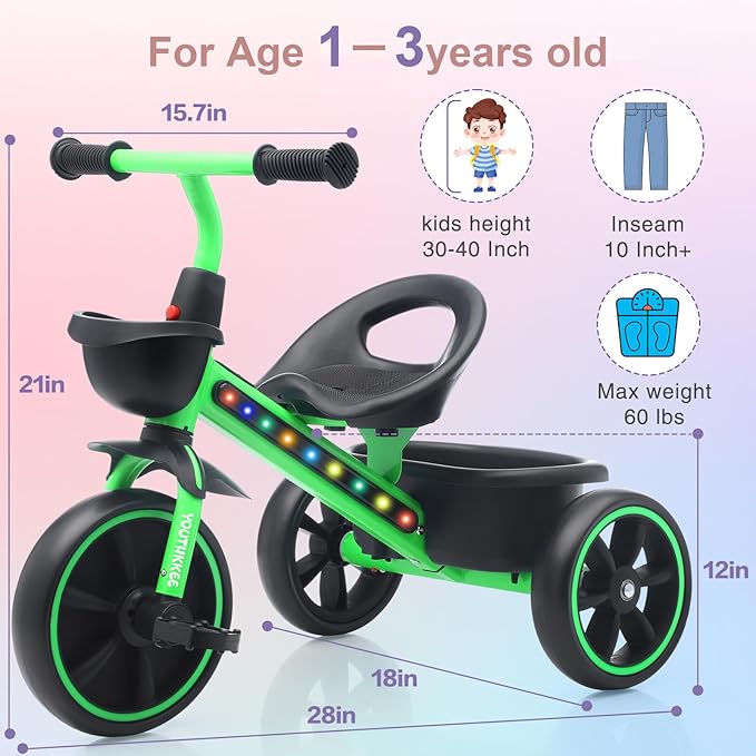 Kids Tricycle with Colorful LED Lights for Toddlers 1-3 Years, Stable 3-Wheel Design & Storage Basket for Fun Indoor Outdoor Ride, Gift for Baby Boy Girl