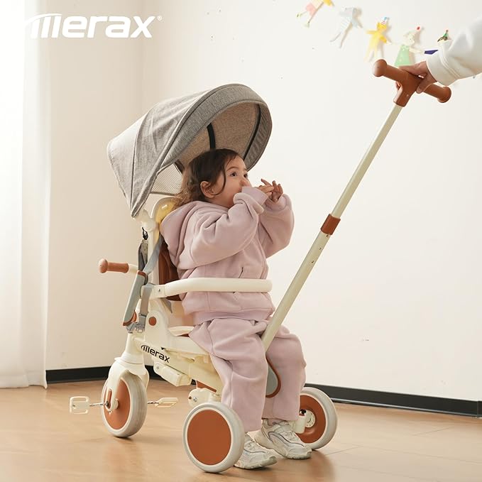 7-in-1 Foldable Toddler Tricycle Removable Pedal, Canopy and Guardrail Adjustable Push Handle, Ages 1Y-6Y