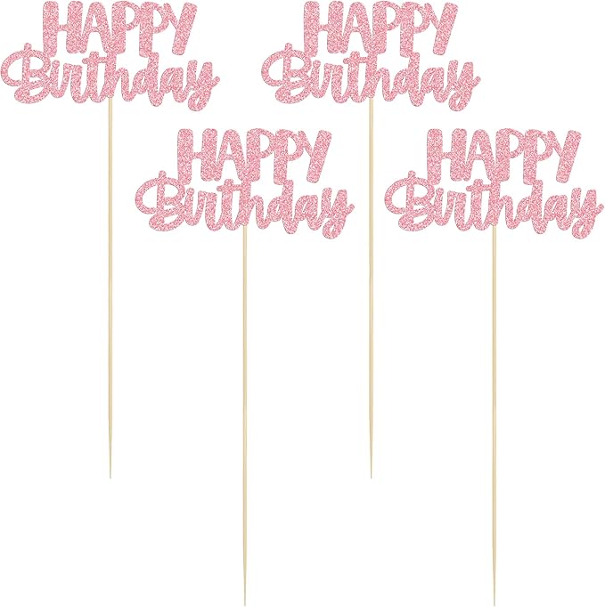 Gyufise 12Pcs Happy Birthday Centerpieces Sticks Double Sided Glitter Birthday Party Decorations Anniversary Table Flower Centerpiece for Celebrating Party Supplies Pink